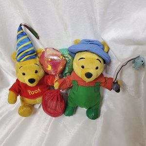 2 Disney Store Winnie the Pooh 7" & 8" Mini Plush - Party Boy and Fishing